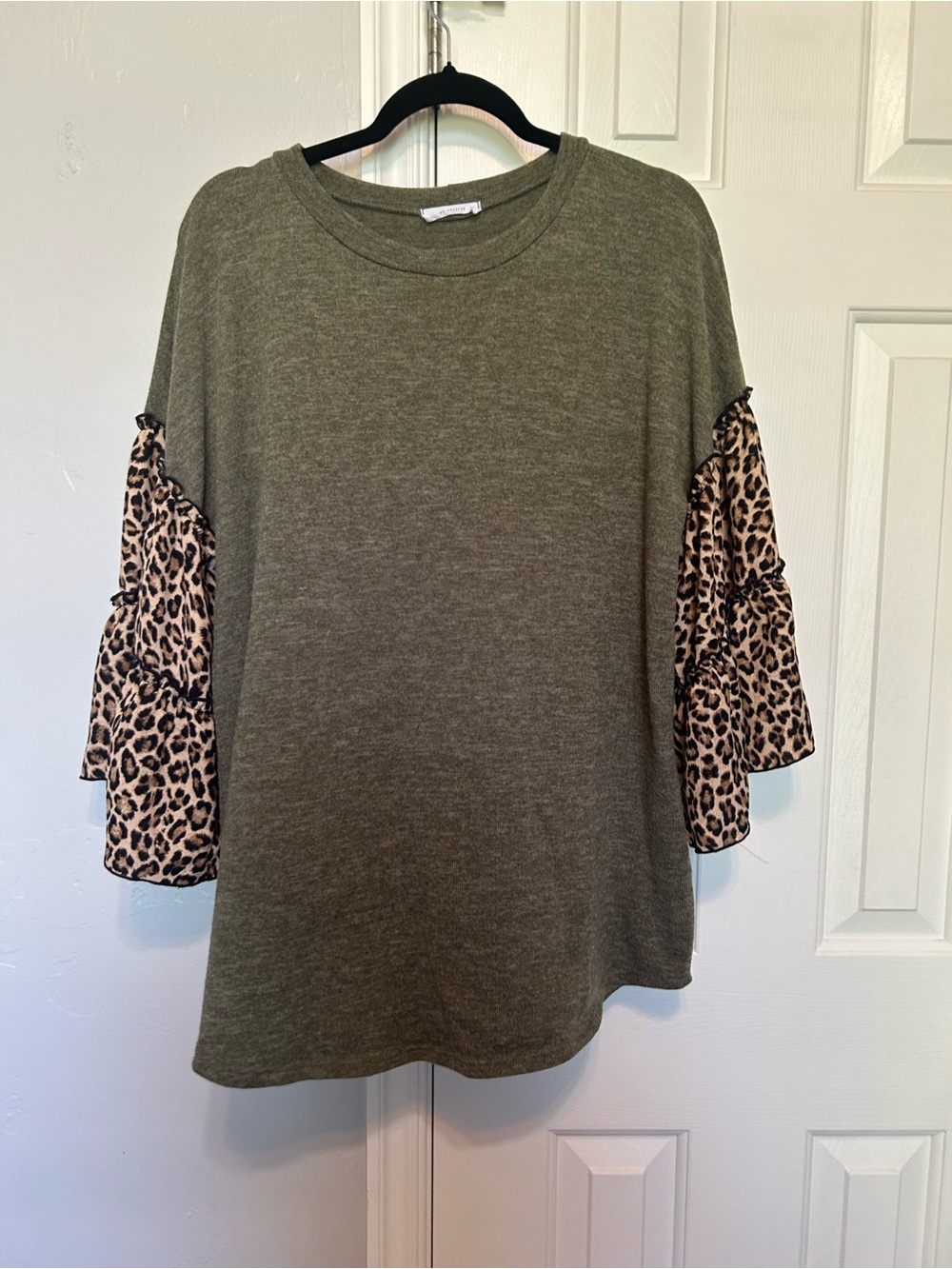 First Love Olive Green Pullover with Leopard Ruffle Sleeves